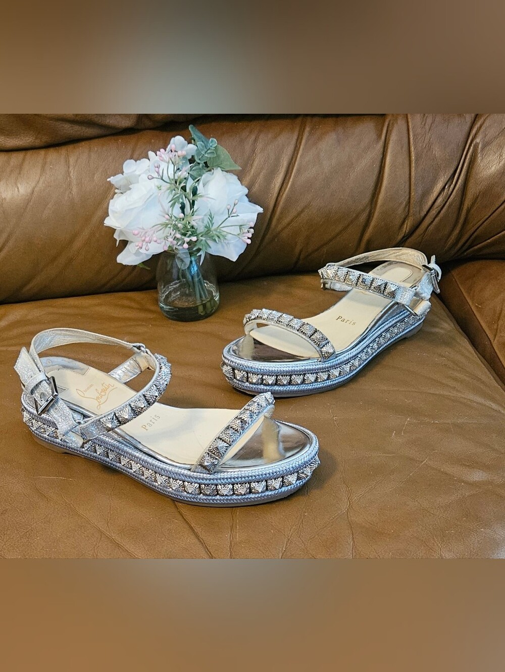 Christian Louboutin Pyraclou Metallic Silver Studded Sandals Size 6 US